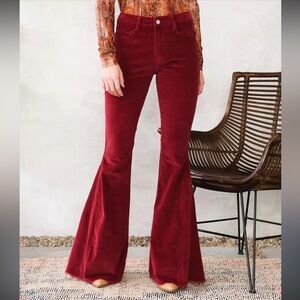 Saints & Hearts Wine Corduroy Mid-Rise Boho Extreme Raw Hem Flare Pant NWOT M